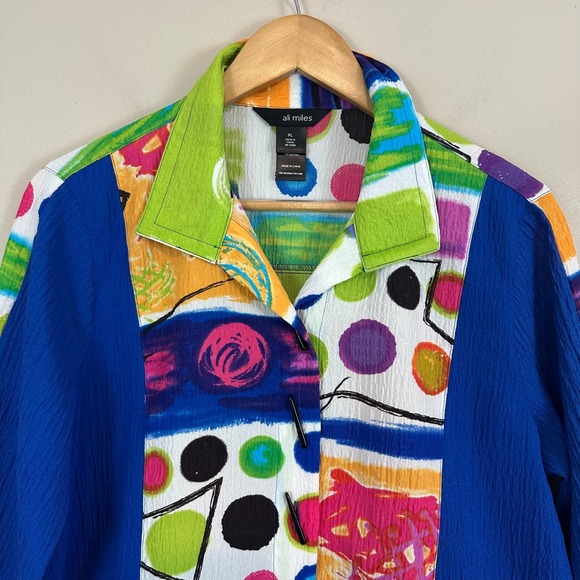 Ali Miles Tunic Top Womens PL Art  Stretch Watercolor 3/4 Sleeve Button Up - Picture 3 of 10